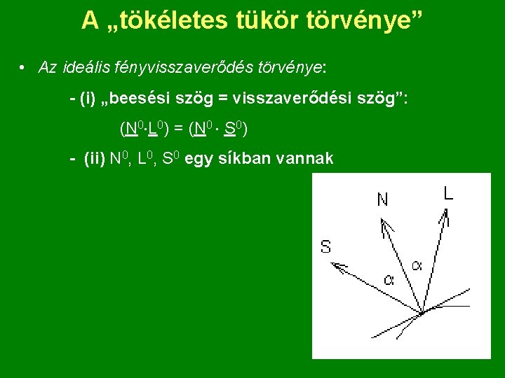 A „tökéletes tükör törvénye” • Az ideális fényvisszaverődés törvénye: - (i) „beesési szög =