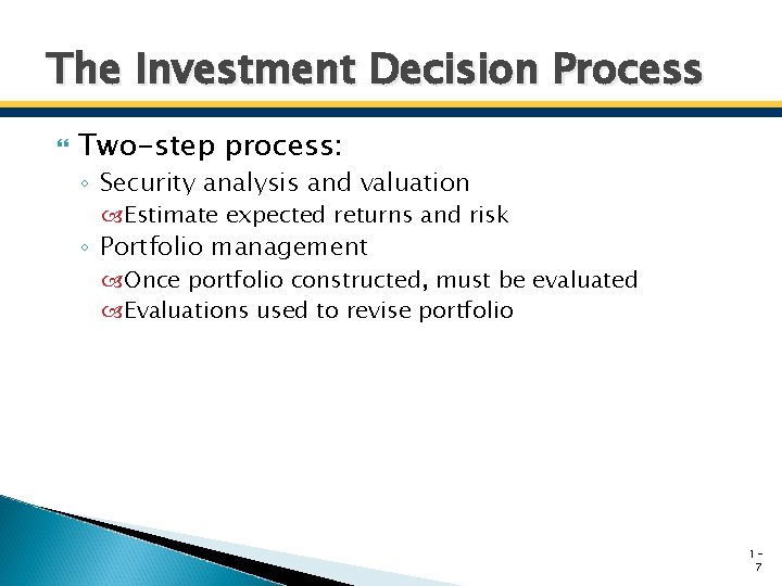 The Investment Decision Process Two-step process: ◦ Security analysis and valuation Estimate expected returns