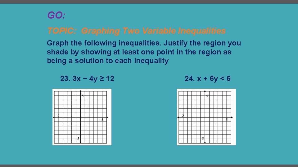 GO: TOPIC: Graphing Two Variable Inequalities Graph the following inequalities. Justify the region you