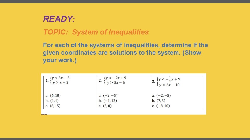 READY: TOPIC: System of Inequalities For each of the systems of inequalities, determine if