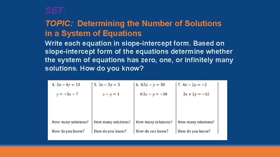 SET: TOPIC: Determining the Number of Solutions in a System of Equations Write each