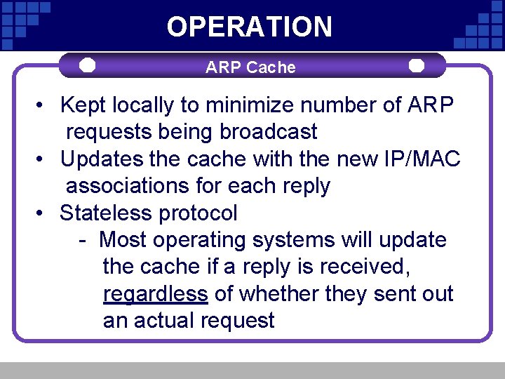 OPERATION ARP Cache • Kept locally to minimize number of ARP Add. Your. Title