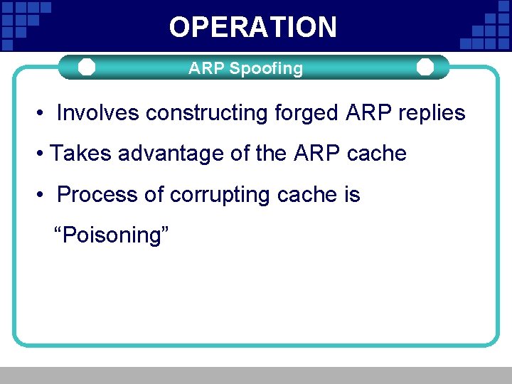 OPERATION ARP Spoofing • Involves constructing forged ARP replies Ad Your Title • Takes