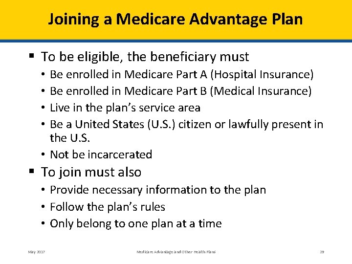 Joining a Medicare Advantage Plan § To be eligible, the beneficiary must Be enrolled