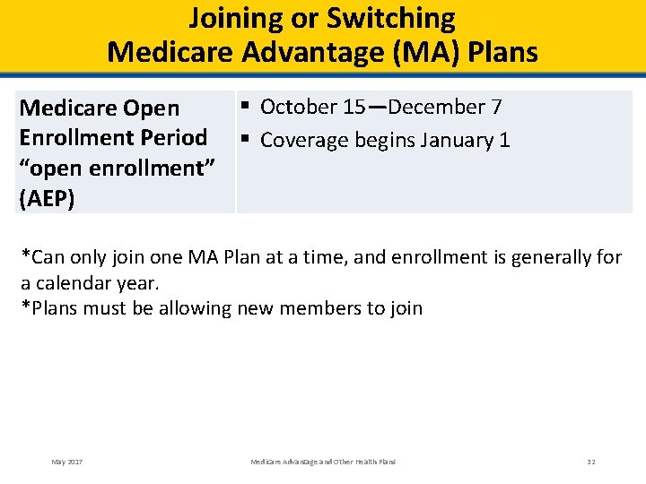 Joining or Switching Medicare Advantage (MA) Plans § October 15—December 7 Medicare Open Enrollment