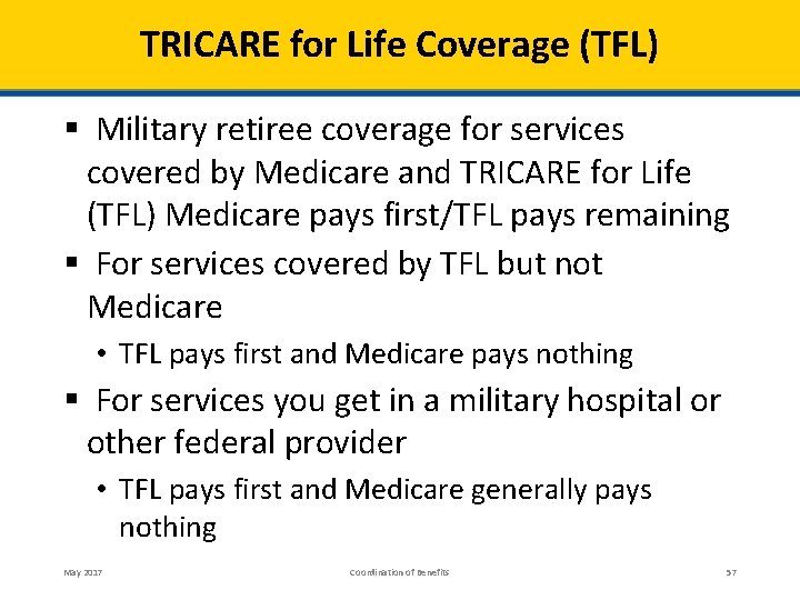 TRICARE for Life Coverage (TFL) § Military retiree coverage for services covered by Medicare