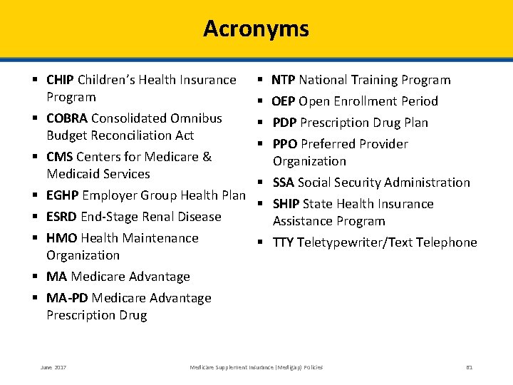 Acronyms § CHIP Children’s Health Insurance Program § COBRA Consolidated Omnibus Budget Reconciliation Act