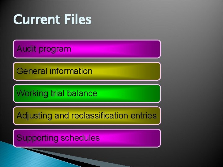 Current Files Audit program General information Working trial balance Adjusting and reclassification entries Supporting