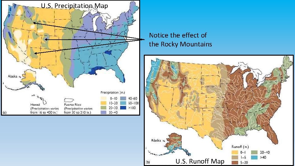 U. S. Precipitation Map Notice the effect of the Rocky Mountains U. S. Runoff