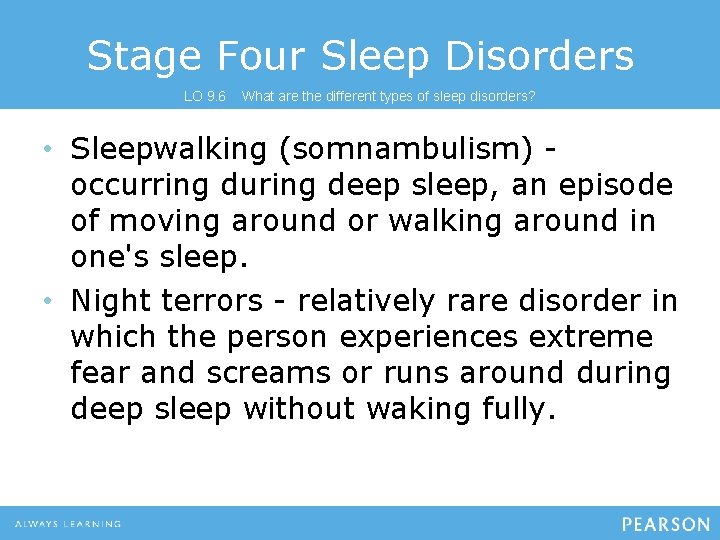 Stage Four Sleep Disorders LO 9. 6 What are the different types of sleep