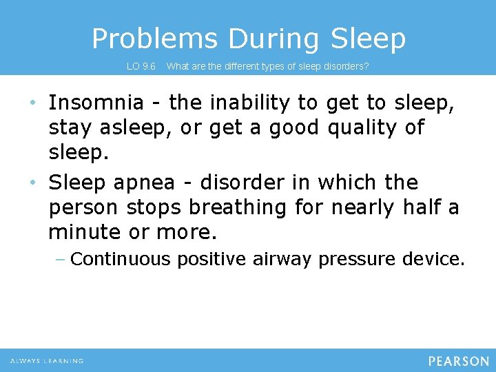 Problems During Sleep LO 9. 6 What are the different types of sleep disorders?