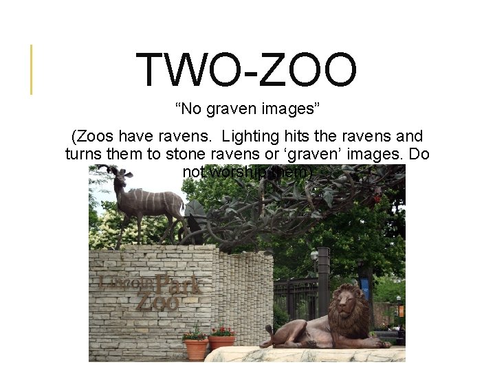 TWO-ZOO “No graven images” (Zoos have ravens. Lighting hits the ravens and turns them