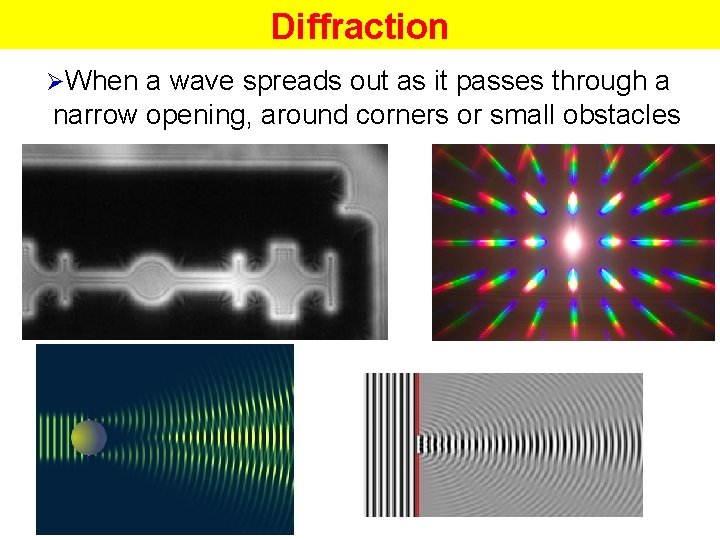 Diffraction ØWhen a wave spreads out as it passes through a narrow opening, around