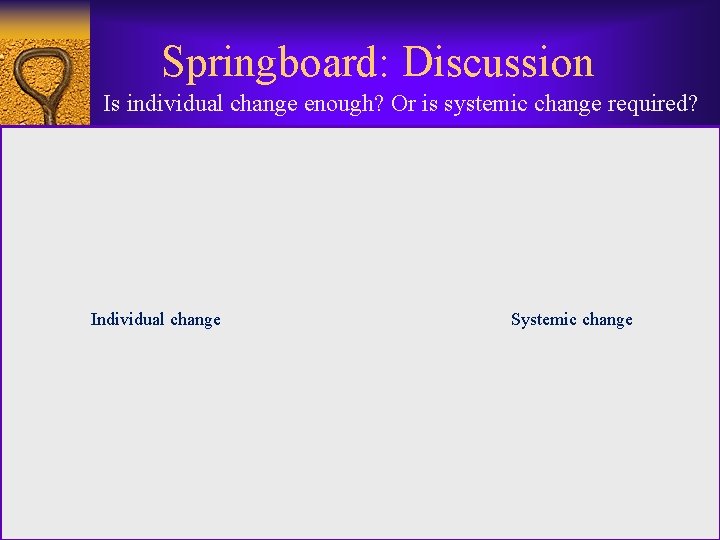 Springboard: Discussion Is individual change enough? Or is systemic change required? Individual change Systemic