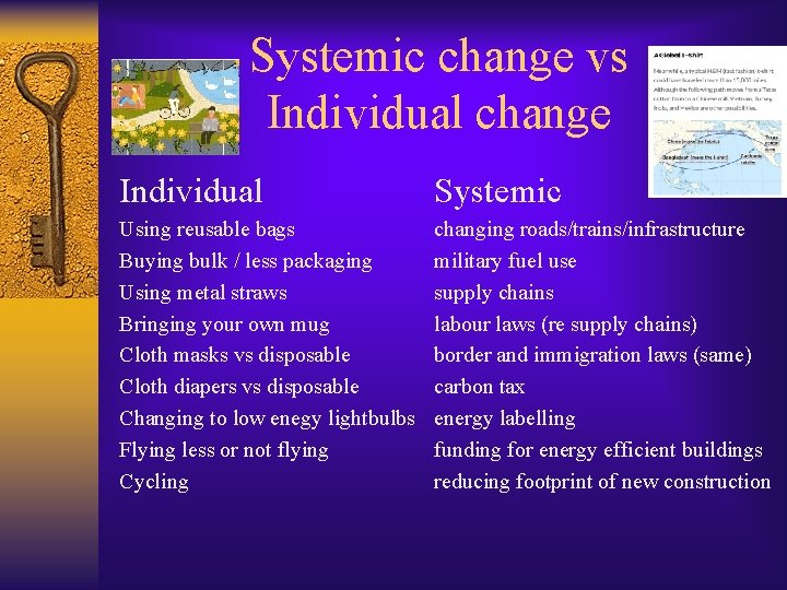 Systemic change vs Individual change Individual Systemic Using reusable bags Buying bulk / less