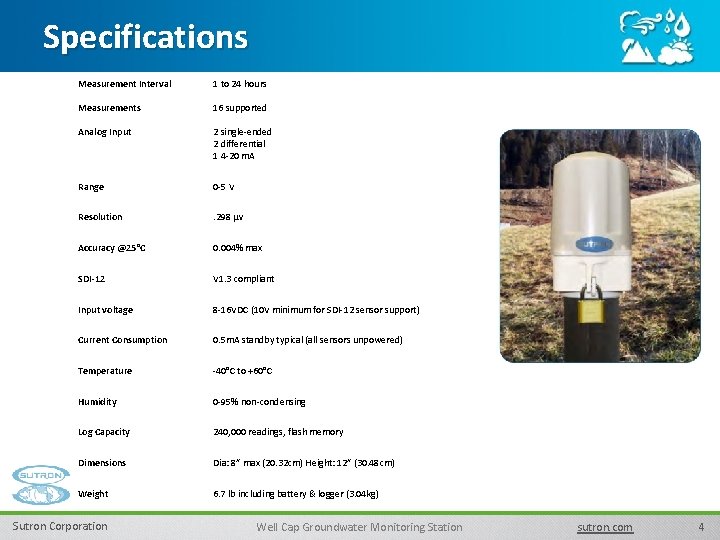 Specifications Measurement Interval 1 to 24 hours Measurements 16 supported Analog Input 2 single-ended