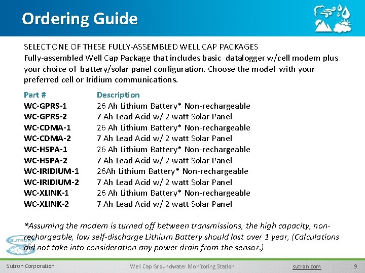 Ordering Guide SELECT ONE OF THESE FULLY-ASSEMBLED WELL CAP PACKAGES Fully-assembled Well Cap Package