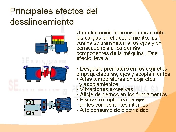 Principales efectos del desalineamiento Una alineación imprecisa incrementa las cargas en el acoplamiento, las