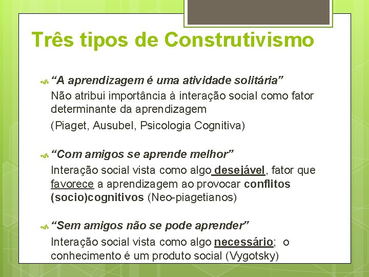 Três tipos de Construtivismo “A aprendizagem é uma atividade solitária” Não atribui importância à