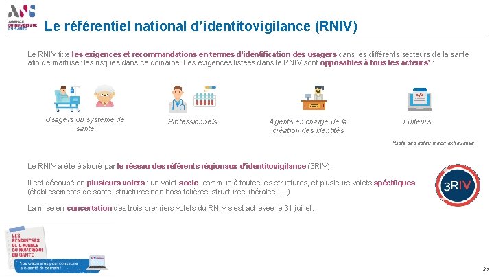 Le référentiel national d’identitovigilance (RNIV) Le RNIV fixe les exigences et recommandations en termes