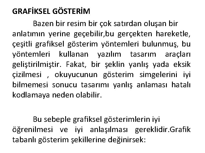 GRAFİKSEL GÖSTERİM Bazen bir resim bir çok satırdan oluşan bir anlatımın yerine geçebilir, bu