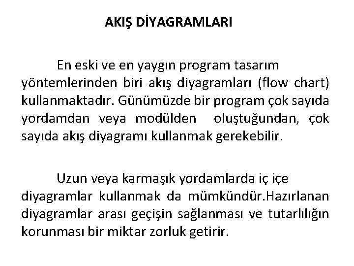 AKIŞ DİYAGRAMLARI En eski ve en yaygın program tasarım yöntemlerinden biri akış diyagramları (flow