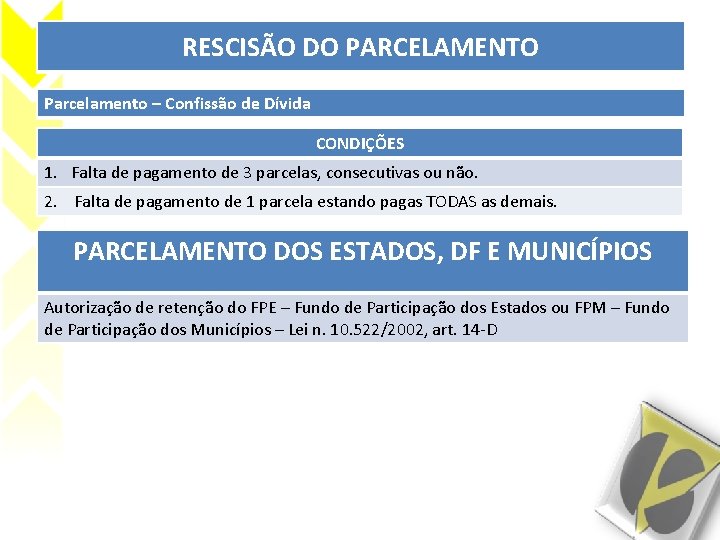 RESCISÃO DO PARCELAMENTO Parcelamento – Confissão de Dívida CONDIÇÕES 1. Falta de pagamento de