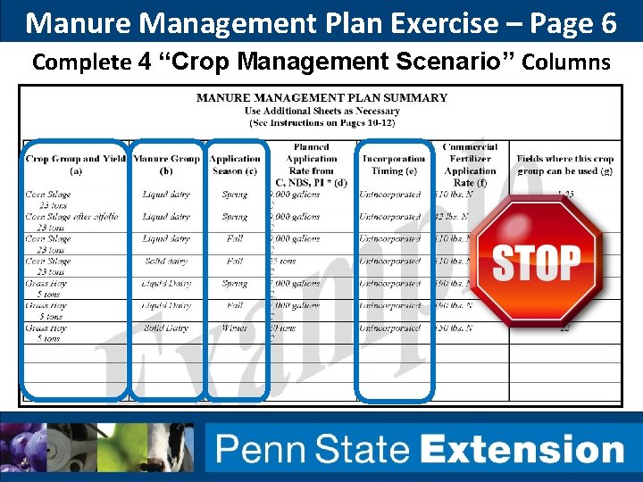 Manure Management Plan Exercise – Page 6 Complete 4 “Crop Management Scenario” Columns Manure Management Plan Exercise – Page 6 Complete 4 “Crop Management Scenario” Columns