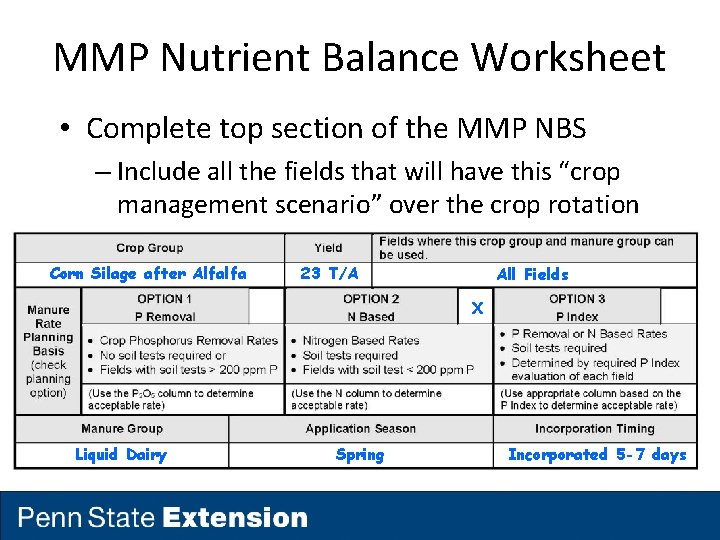 MMP Nutrient Balance Worksheet • Complete top section of the MMP NBS – Include