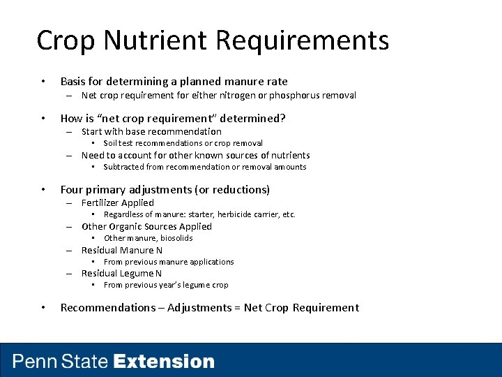 Crop Nutrient Requirements • Basis for determining a planned manure rate – Net crop Crop Nutrient Requirements • Basis for determining a planned manure rate – Net crop