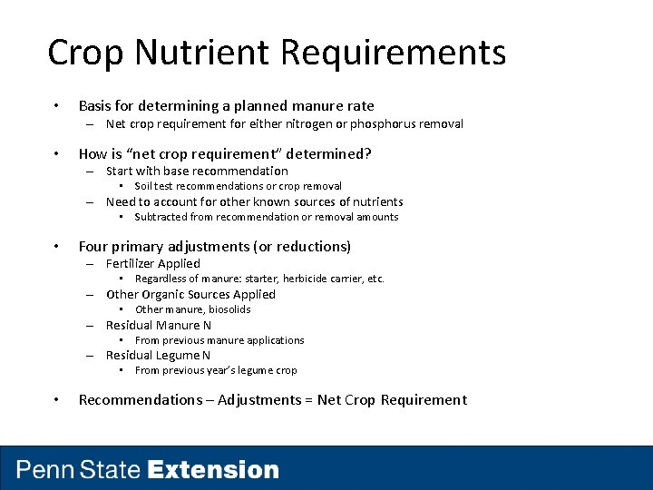 Crop Nutrient Requirements • Basis for determining a planned manure rate – Net crop