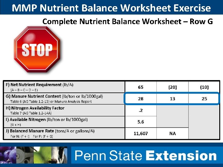 MMP Nutrient Balance Worksheet Exercise Complete Nutrient Balance Worksheet – Row G 