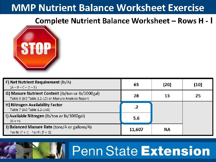 MMP Nutrient Balance Worksheet Exercise Complete Nutrient Balance Worksheet – Rows H - I