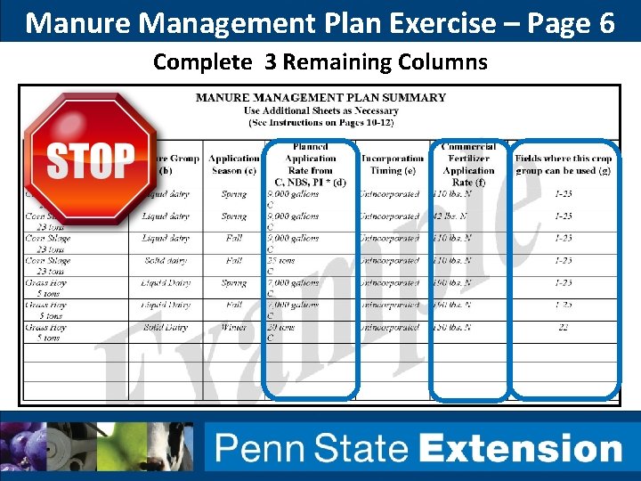 Manure Management Plan Exercise – Page 6 Complete 3 Remaining Columns 