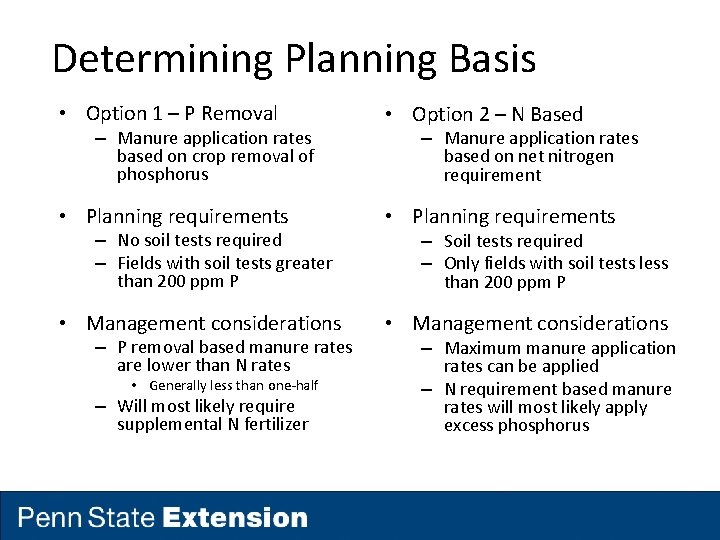 Determining Planning Basis • Option 1 – P Removal – Manure application rates based