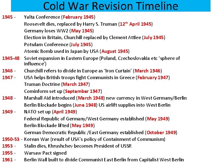 Cold War Revision Timeline 1945 - Yalta Conference (February 1945) Roosevelt dies, replaced by