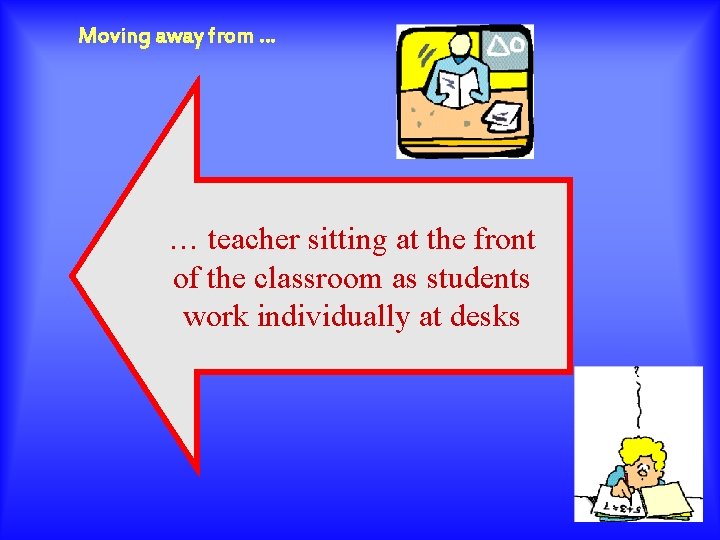 Moving away from … … teacher sitting at the front of the classroom as