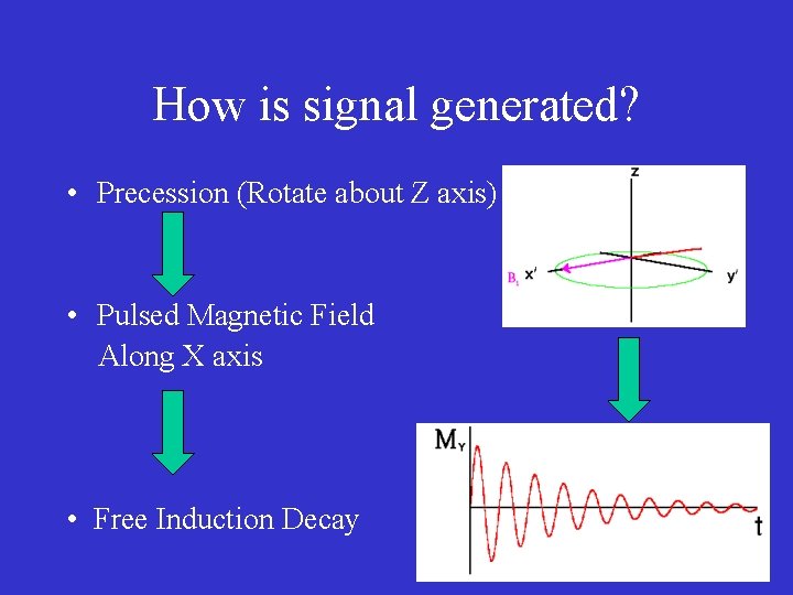 How is signal generated? • Precession (Rotate about Z axis) • Pulsed Magnetic Field