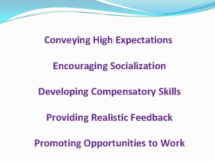 Conveying High Expectations Encouraging Socialization Developing Compensatory Skills Providing Realistic Feedback Promoting Opportunities to