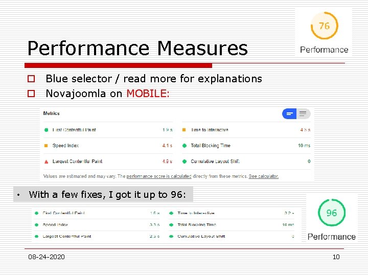 Performance Measures o Blue selector / read more for explanations o Novajoomla on MOBILE: