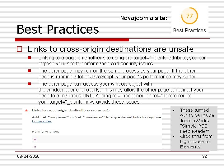 Novajoomla site: Best Practices o Links to cross-origin destinations are unsafe n n n