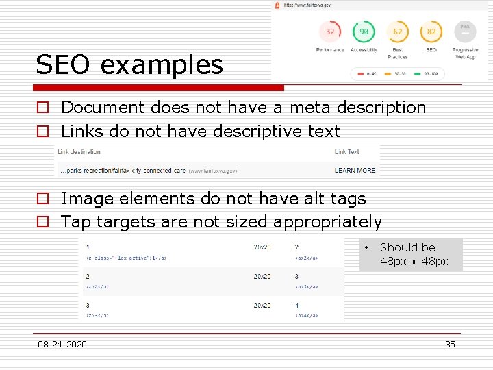 SEO examples o Document does not have a meta description o Links do not