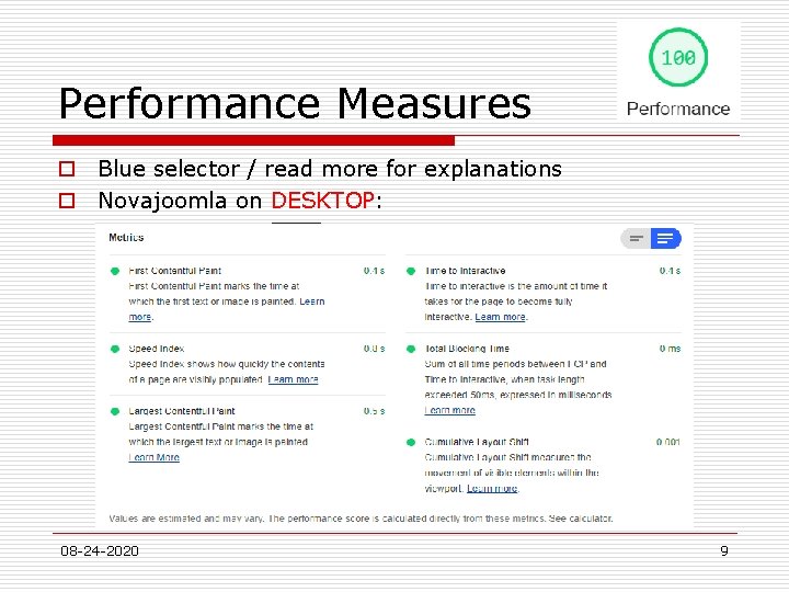 Performance Measures o Blue selector / read more for explanations o Novajoomla on DESKTOP: