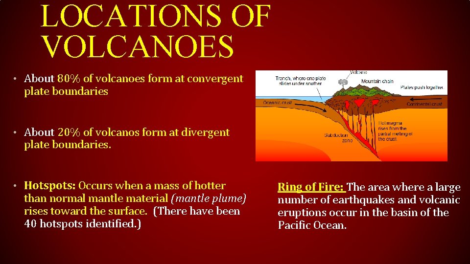LOCATIONS OF VOLCANOES • About 80% of volcanoes form at convergent plate boundaries •