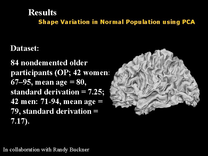 Results Shape Variation in Normal Population using PCA Dataset: 84 nondemented older participants (OP;