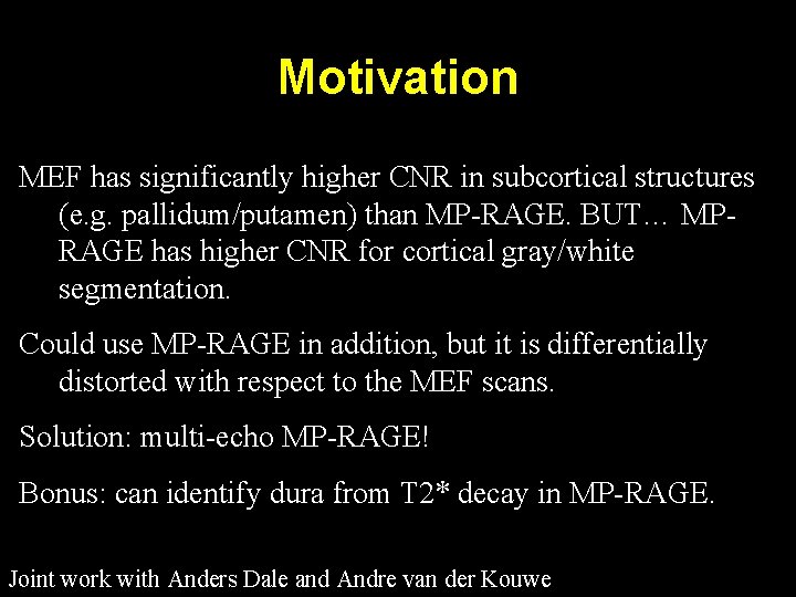 Motivation MEF has significantly higher CNR in subcortical structures (e. g. pallidum/putamen) than MP-RAGE.