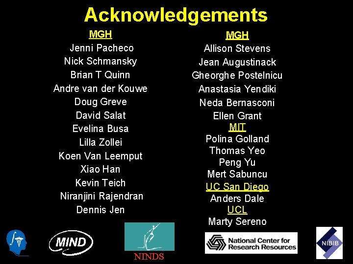 Acknowledgements MGH Jenni Pacheco Nick Schmansky Brian T Quinn Andre van der Kouwe Doug