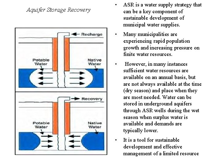 Aquifer Storage Recovery • ASR is a water supply strategy that can be a