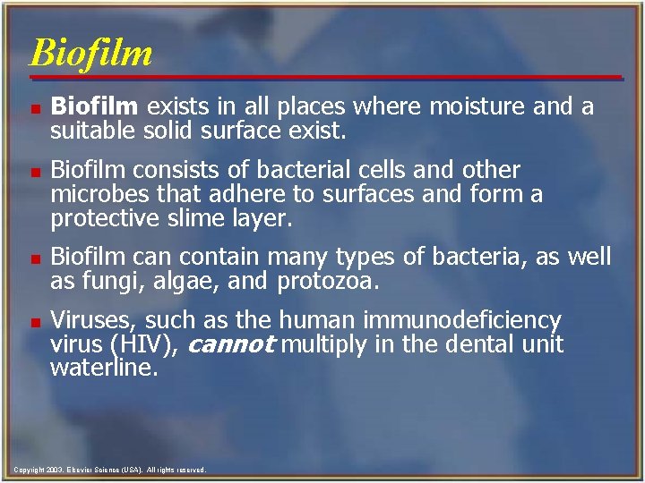 Biofilm n n Biofilm exists in all places where moisture and a suitable solid Biofilm n n Biofilm exists in all places where moisture and a suitable solid