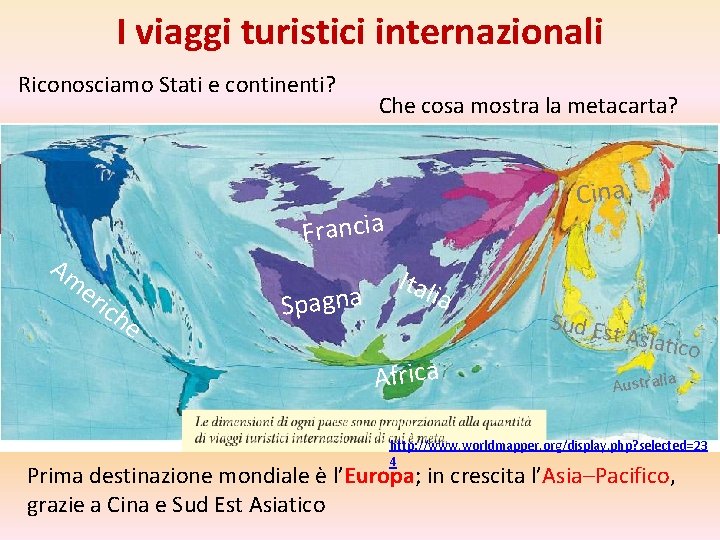 I viaggi turistici internazionali Riconosciamo Stati e continenti? Che cosa mostra la metacarta? Cina